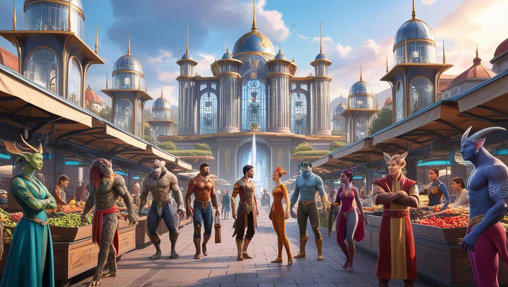 Pellea (Tirikan Origin Universe) A lively city filled with fantastical creatures, elves, and humans alike living in harmony, milling an open market square before a beautiful glass and sandstone palace in the distant view.